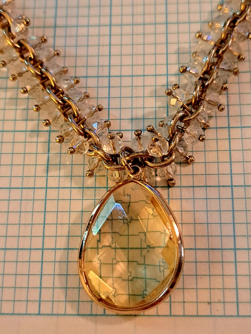 Dana Kellin Gold-Tone Necklace with Yellow Teardrop Pendant And Crystal Beads